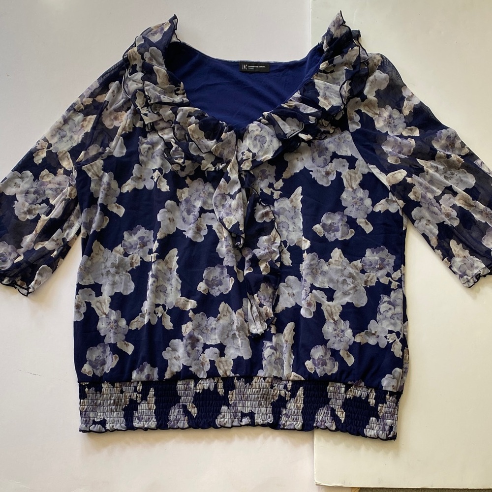 INC International Concepts Navy Floral Ruffle-Neck Blouse